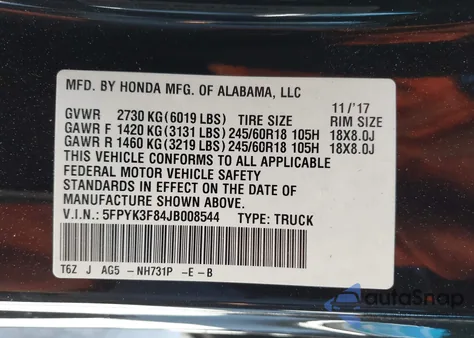 2018 Honda Ridgeline Black Edition из США, поврежденный, VIN 5FPYK3F84JB008544